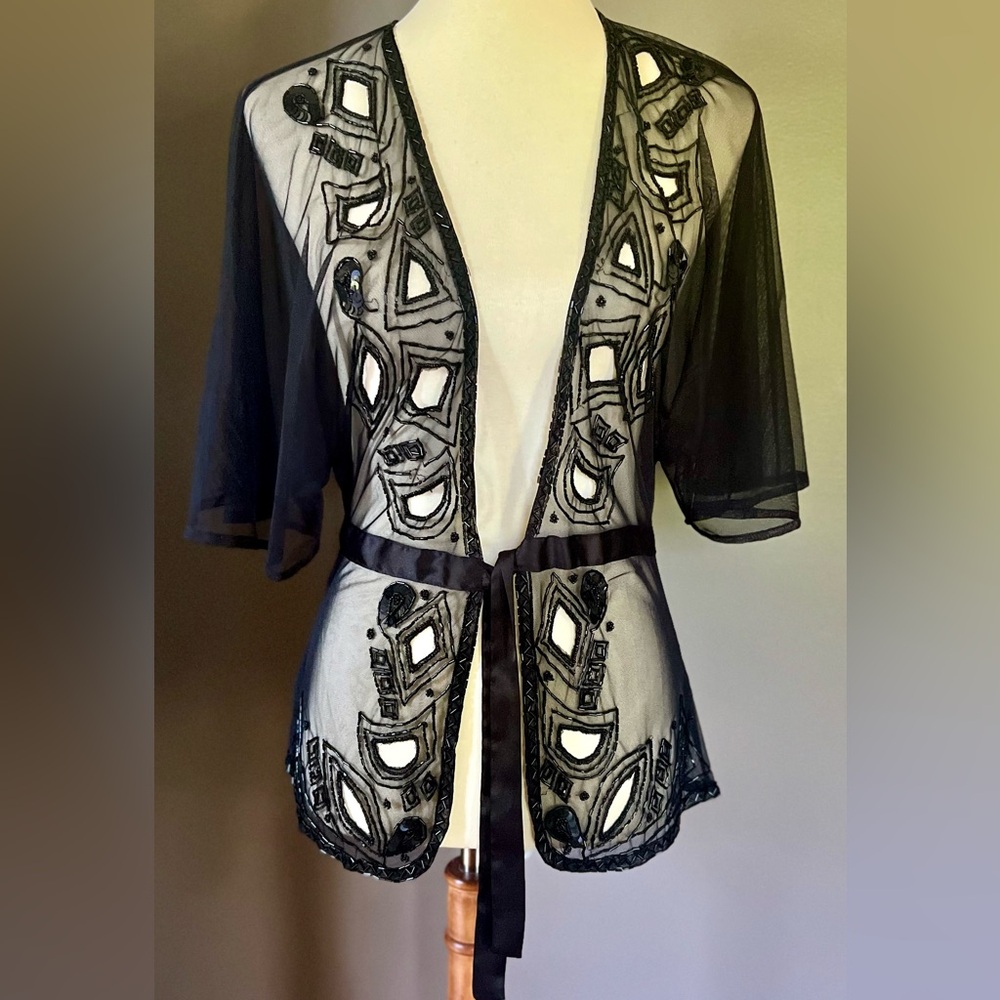 Vintage 90s Black Beaded Mesh Art Nouveau Top Ribbon Bow Glam Goth Victorian
